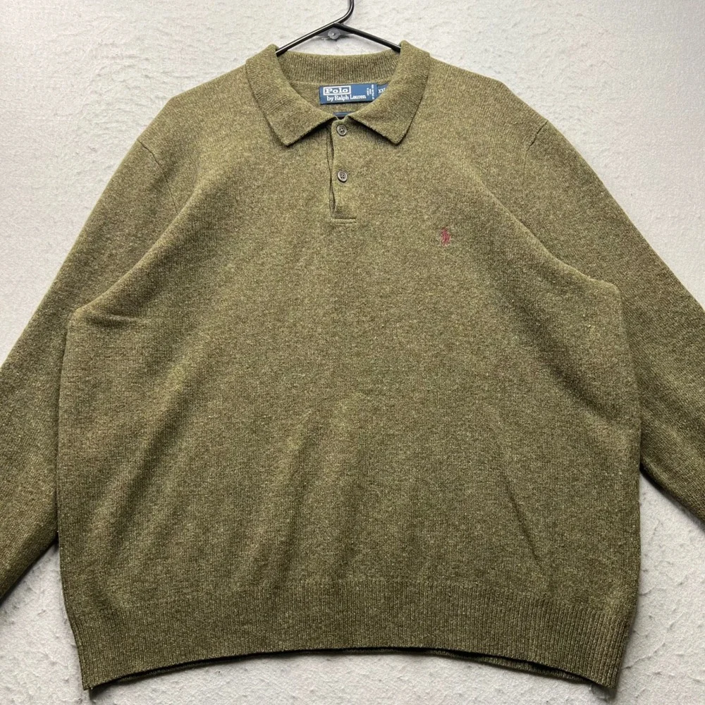 Polo Ralph Lauren Mens XXL Olive Green 100% Lambs Wool Long Sleeve Polo Sweater